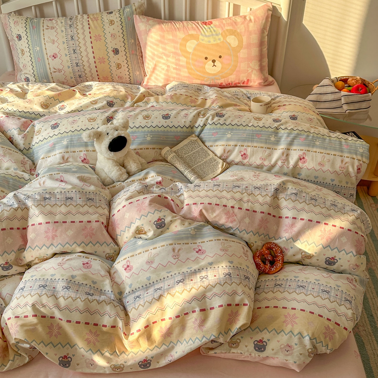 91家纺网 家纺一手货源 找家纺 桃喜 2026新款全棉混搭卡通印花学生三件套四件套 费尔岛小熊