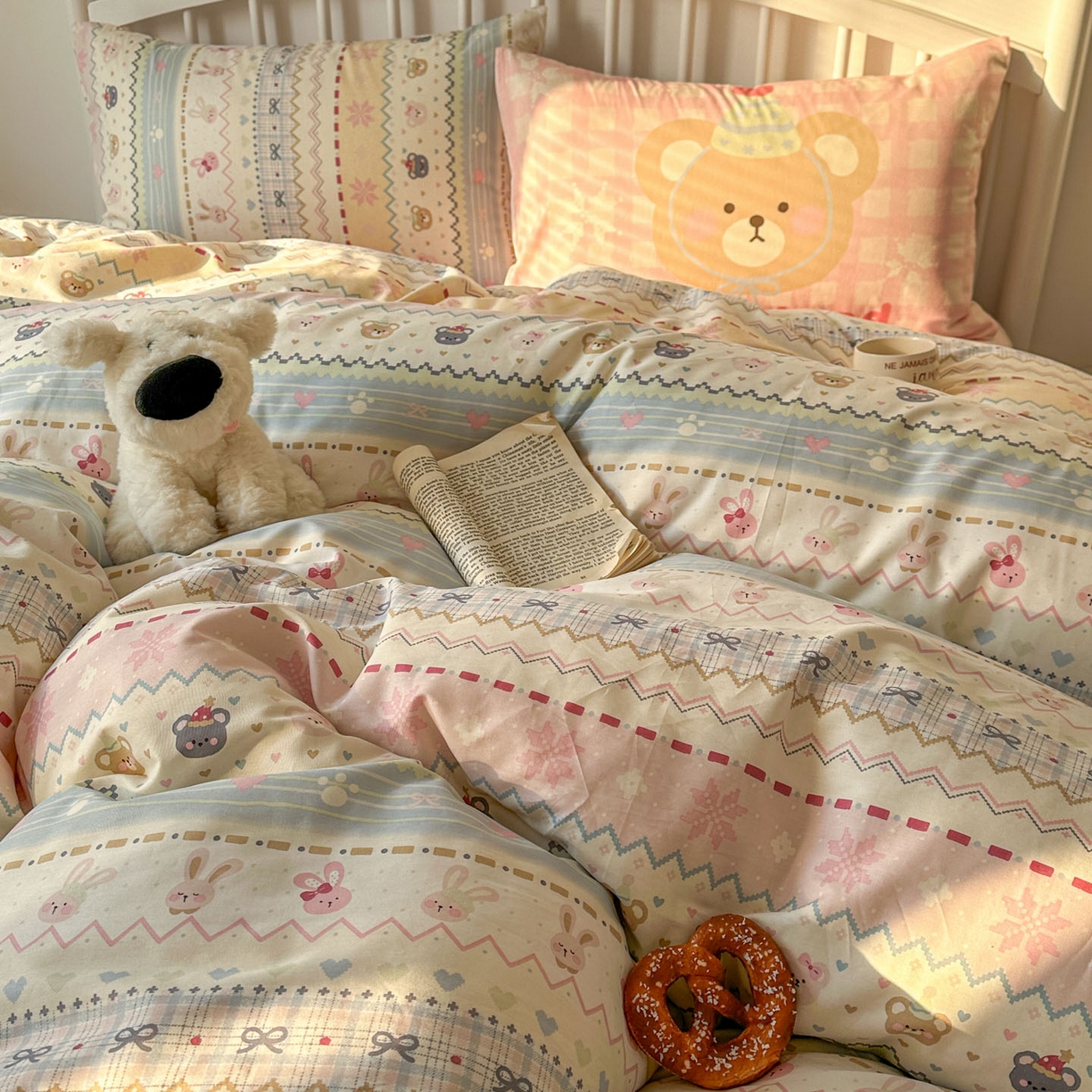 91家纺网 家纺一手货源 找家纺 桃喜 2026新款全棉混搭卡通印花学生三件套四件套 费尔岛小熊