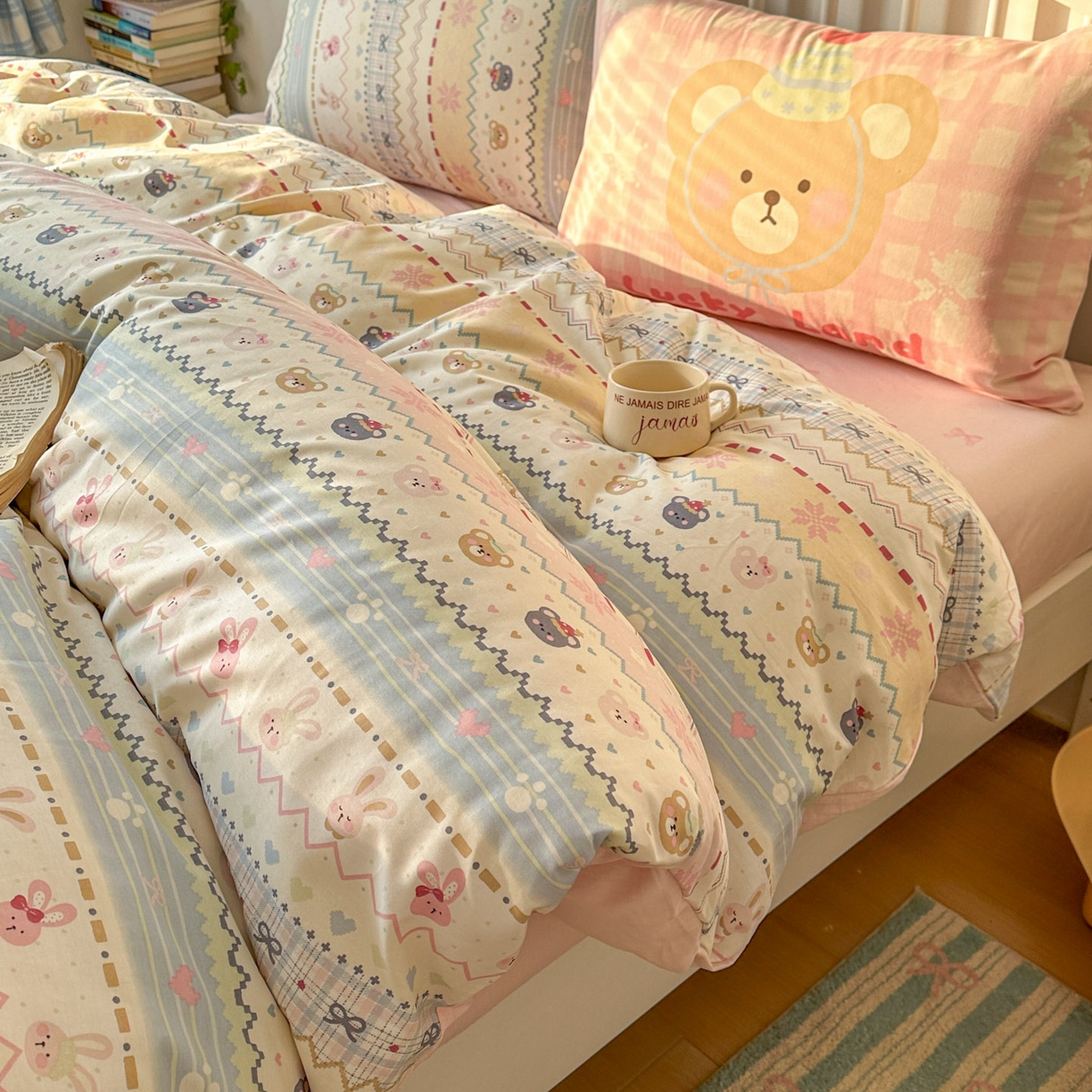 91家纺网 家纺一手货源 找家纺 桃喜 2026新款全棉混搭卡通印花学生三件套四件套 费尔岛小熊