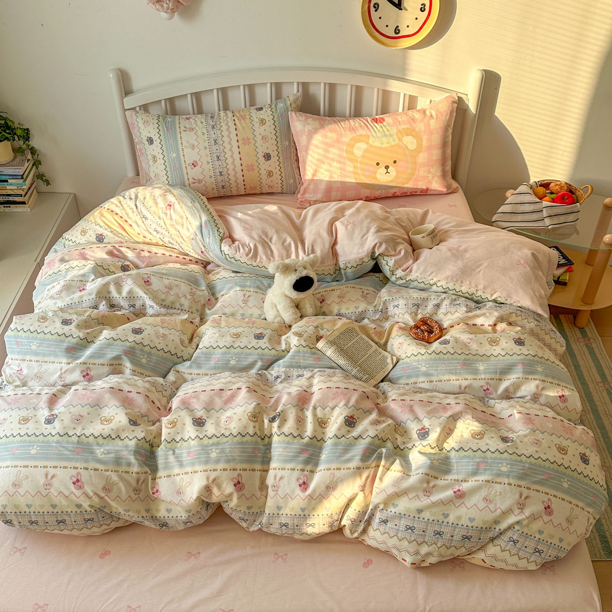 91家纺网 家纺一手货源 找家纺 桃喜 2026新款全棉混搭卡通印花学生三件套四件套 费尔岛小熊