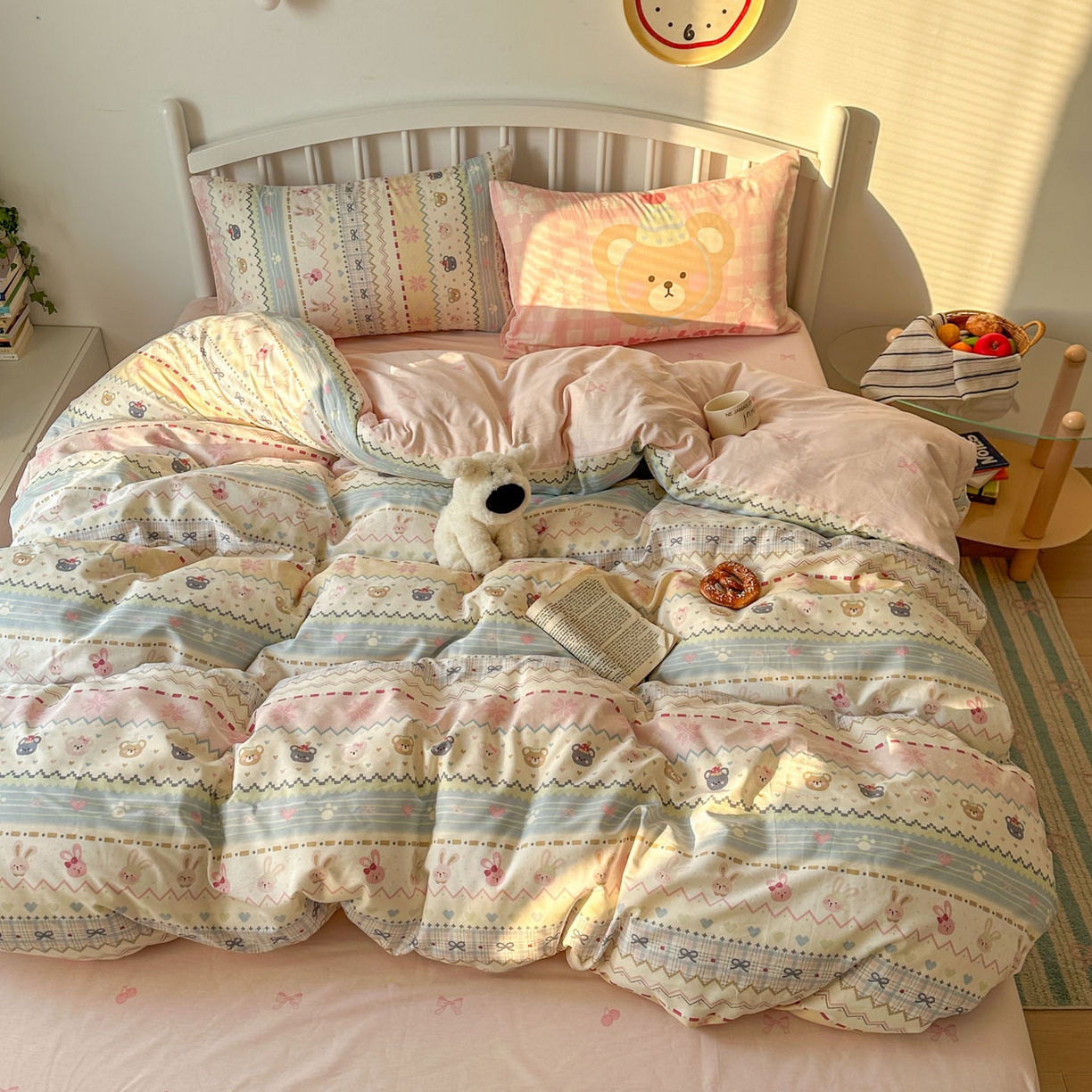 91家纺网 家纺一手货源 找家纺 桃喜 2026新款全棉混搭卡通印花学生三件套四件套 费尔岛小熊