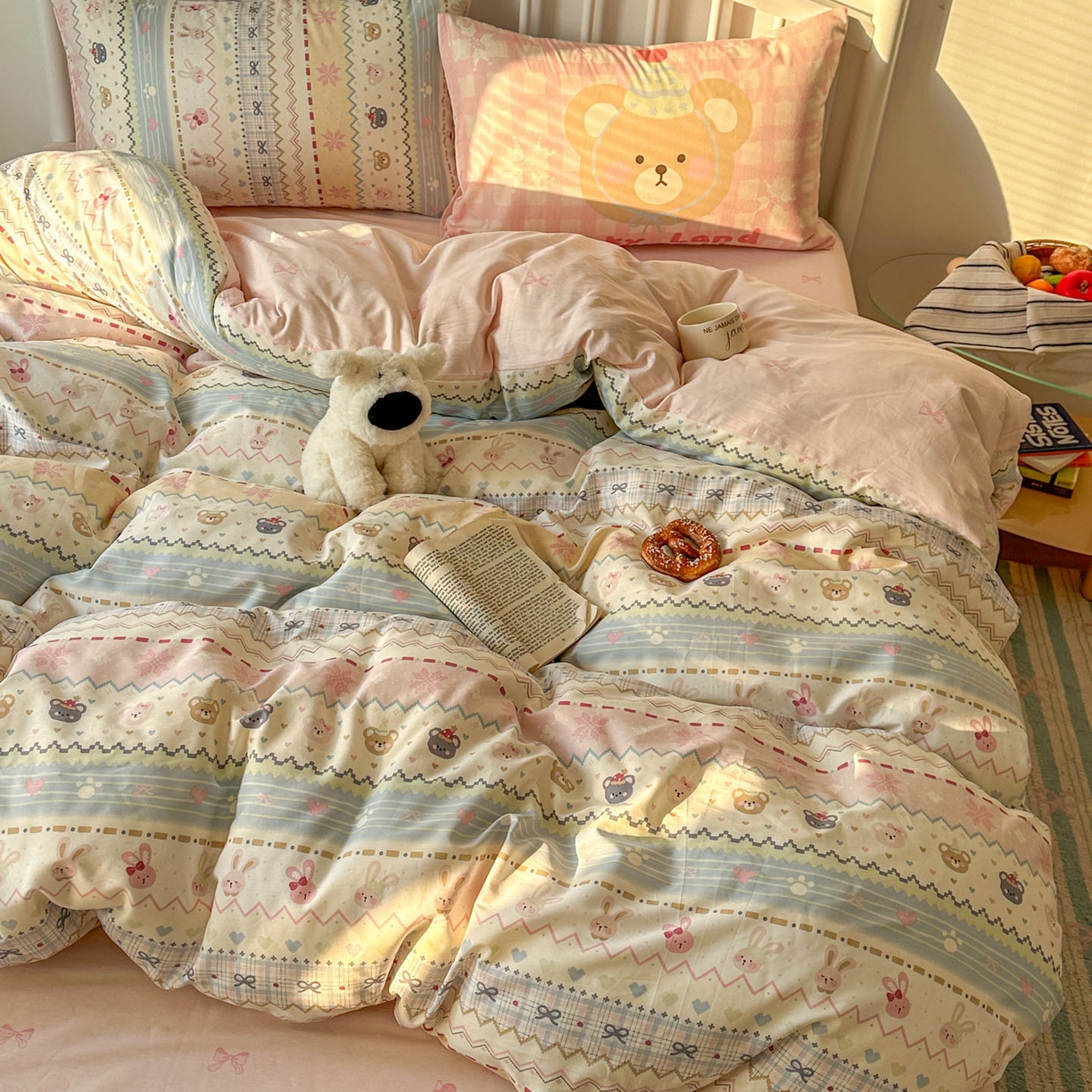 91家纺网 家纺一手货源 找家纺 桃喜 2026新款全棉混搭卡通印花学生三件套四件套 费尔岛小熊