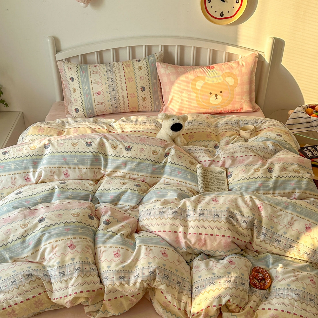 91家纺网 家纺一手货源 找家纺 桃喜 2026新款全棉混搭卡通印花学生三件套四件套 费尔岛小熊