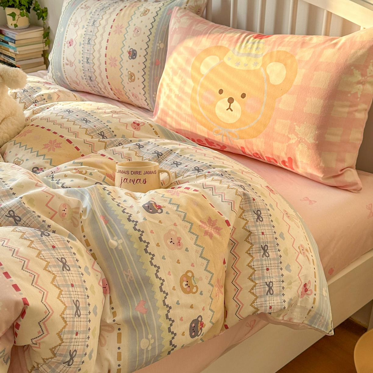 91家纺网 家纺一手货源 找家纺 桃喜 2026新款全棉混搭卡通印花学生三件套四件套 费尔岛小熊