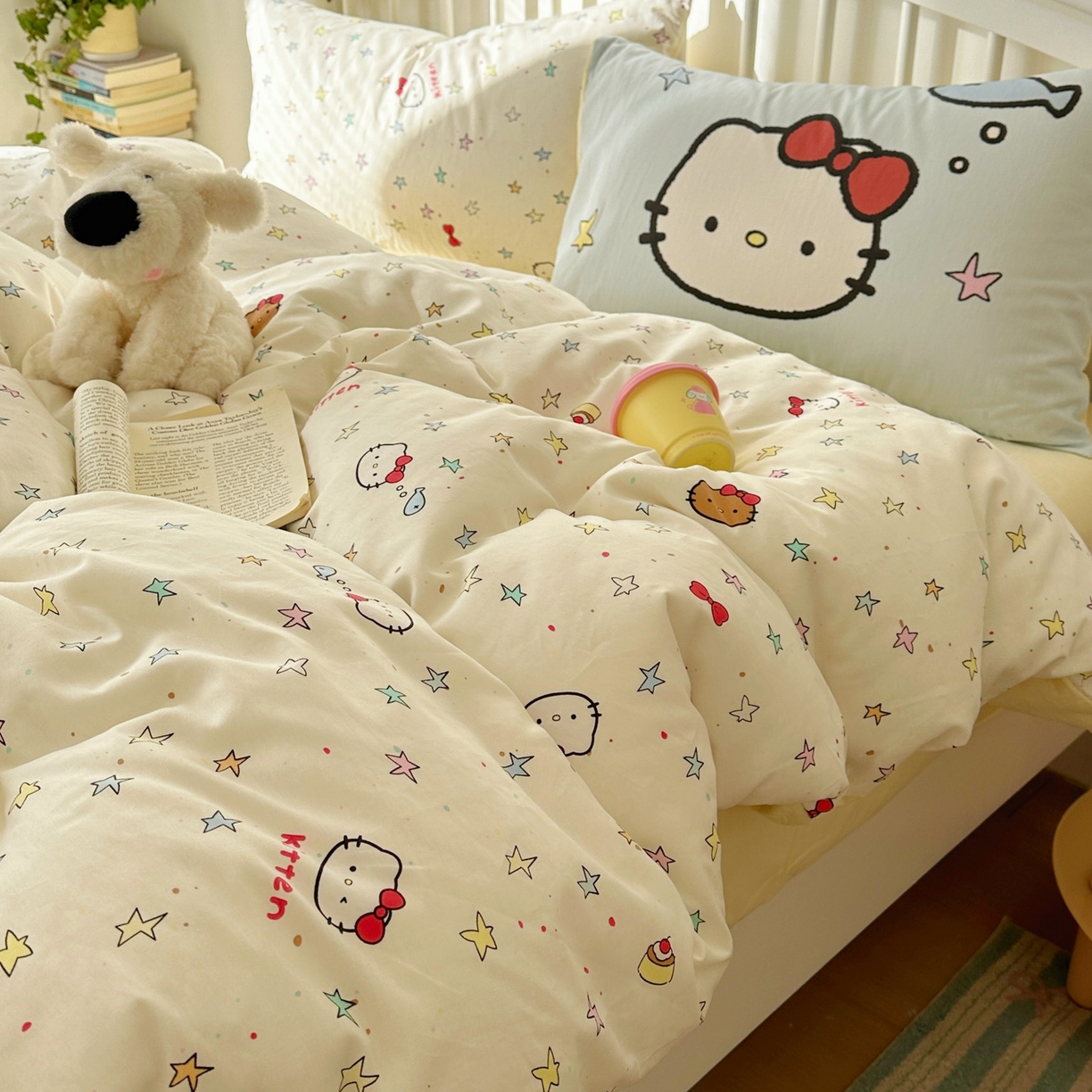 91家纺网 家纺一手货源 找家纺 桃喜 2026新款全棉混搭卡通印花学生三件套四件套 星星猫咪