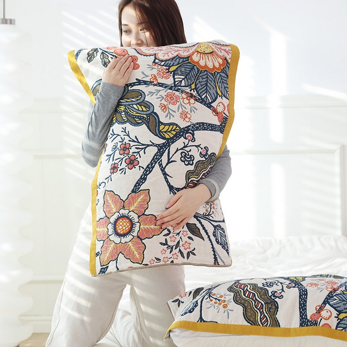 91家纺网 家纺一手货源 找家纺 朴尔家纺-毛巾被 2026新款彩棉国潮风全棉纯棉六层纱布枕巾 花田印象-枕巾 52x78cm枕巾一对