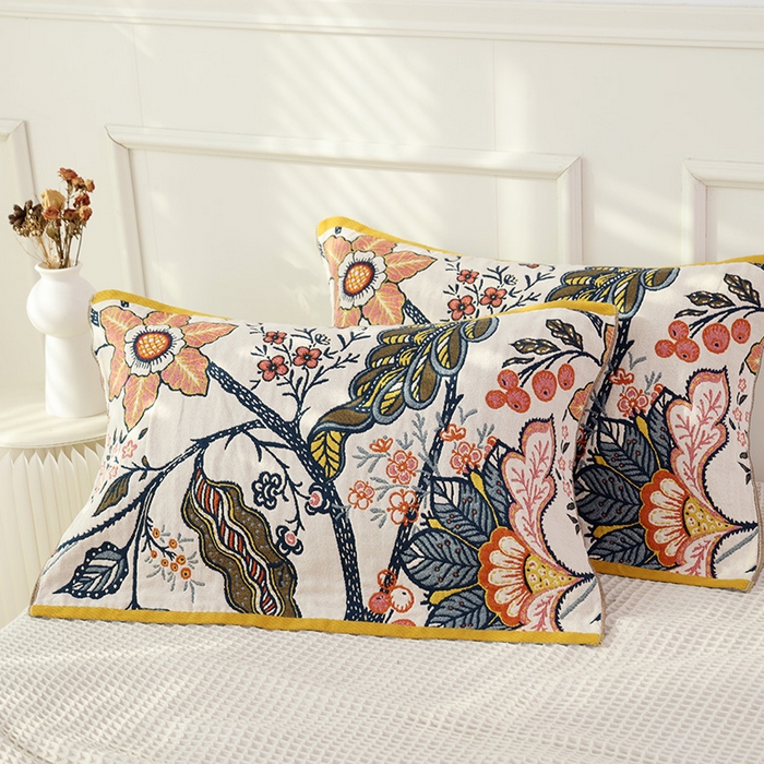 朴尔家纺-毛巾被 2026新款彩棉国潮风全棉纯棉六层纱布枕巾 花田印象-枕巾 52x78cm枕巾一对