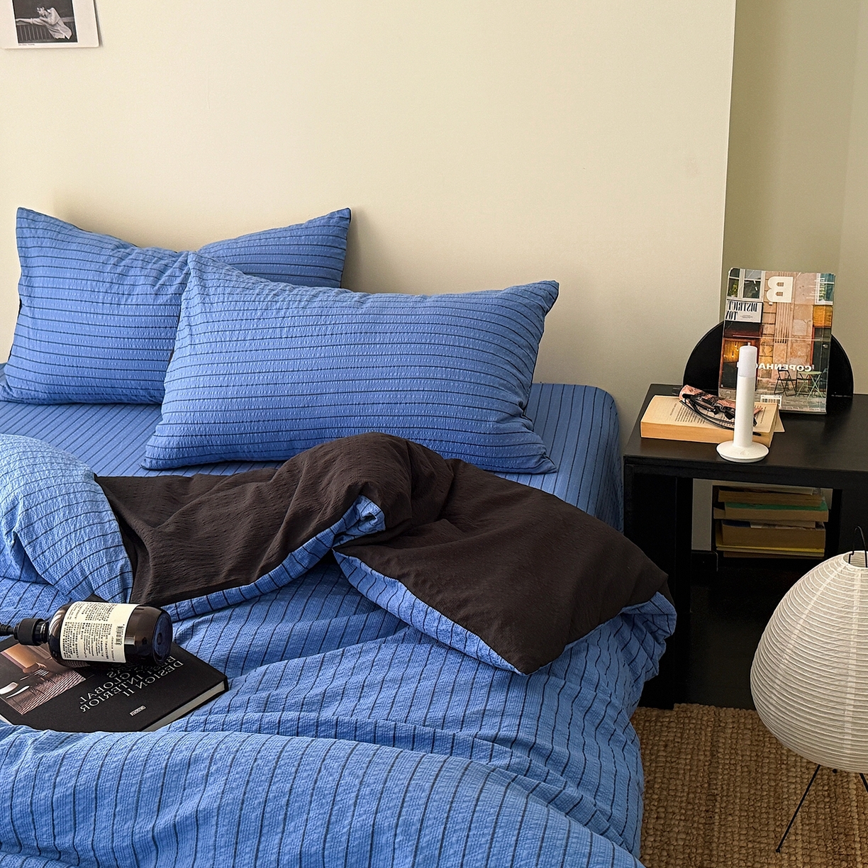 91家纺网 家纺一手货源 找家纺 初念 2026春夏新款简约泡芙纱四件套 布鲁斯蓝