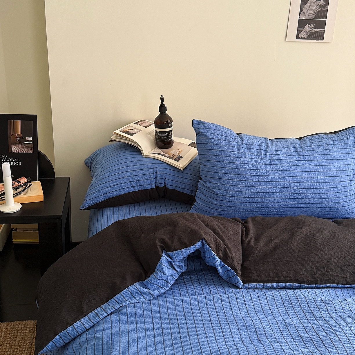 91家纺网 家纺一手货源 找家纺 初念 2026春夏新款简约泡芙纱四件套 布鲁斯蓝