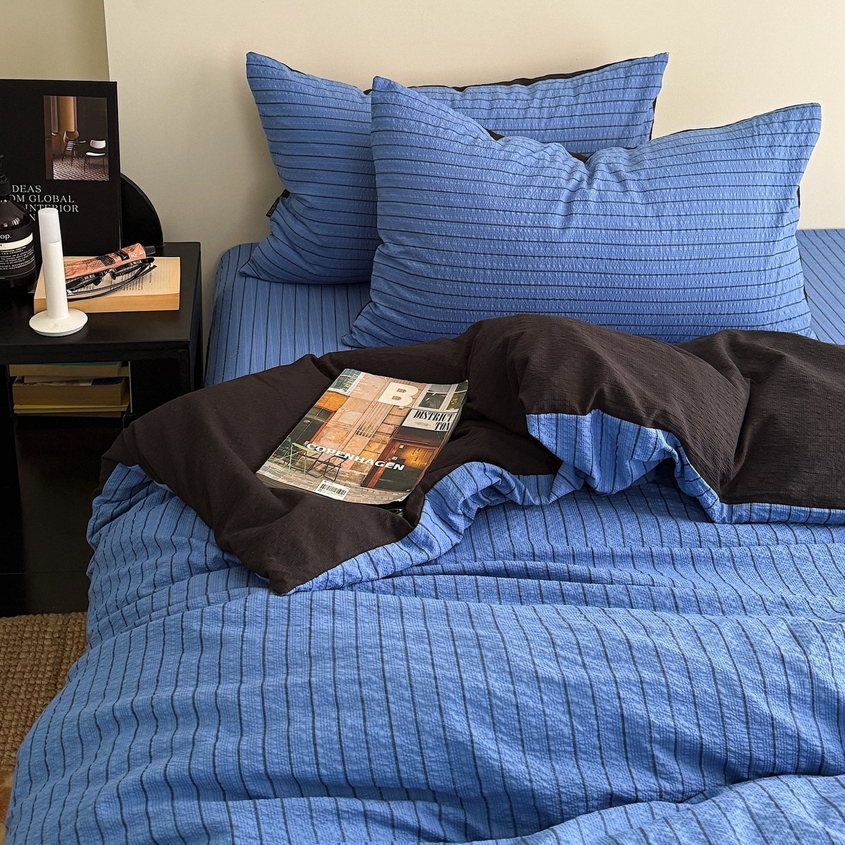 91家纺网 家纺一手货源 找家纺 初念 2026春夏新款简约泡芙纱四件套 布鲁斯蓝