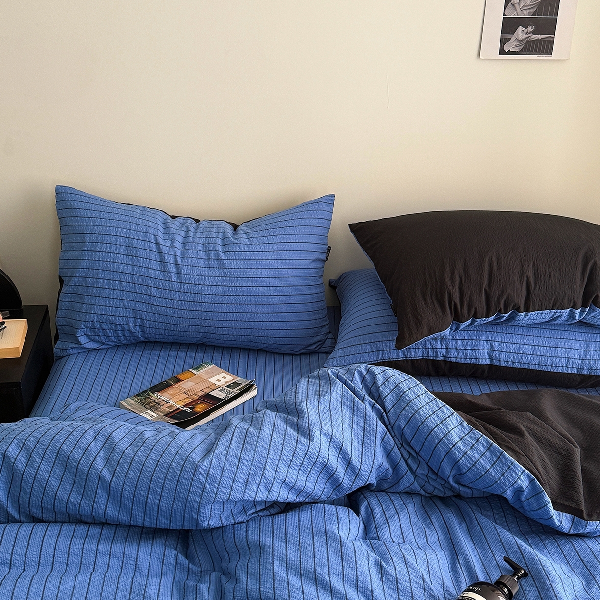 91家纺网 家纺一手货源 找家纺 初念 2026春夏新款简约泡芙纱四件套 布鲁斯蓝