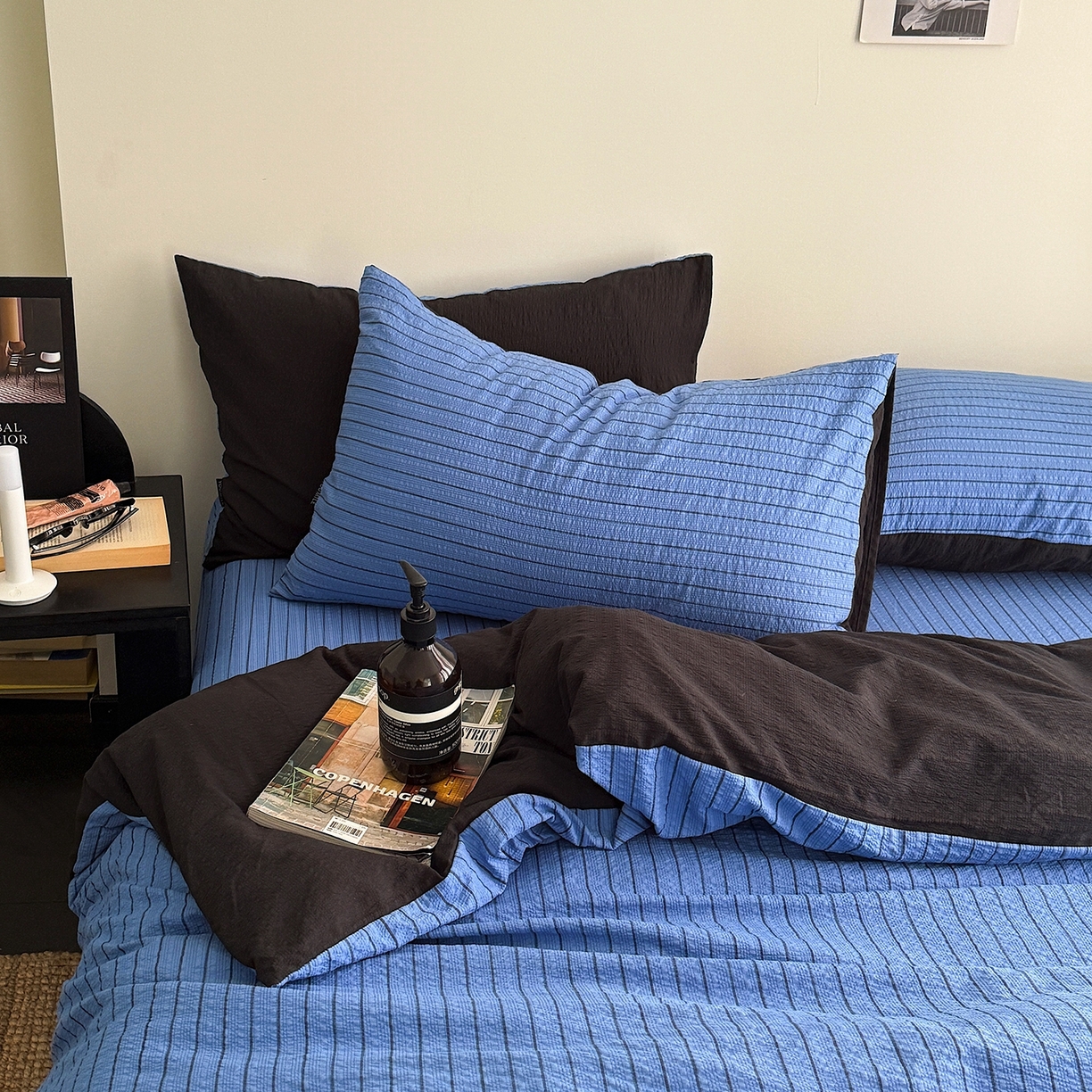 91家纺网 家纺一手货源 找家纺 初念 2026春夏新款简约泡芙纱四件套 布鲁斯蓝