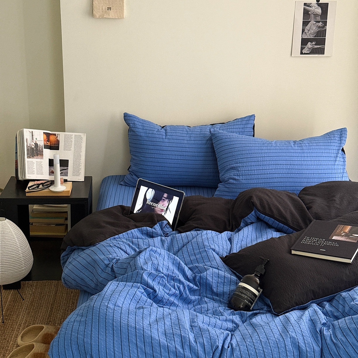 91家纺网 家纺一手货源 找家纺 初念 2026春夏新款简约泡芙纱四件套 布鲁斯蓝