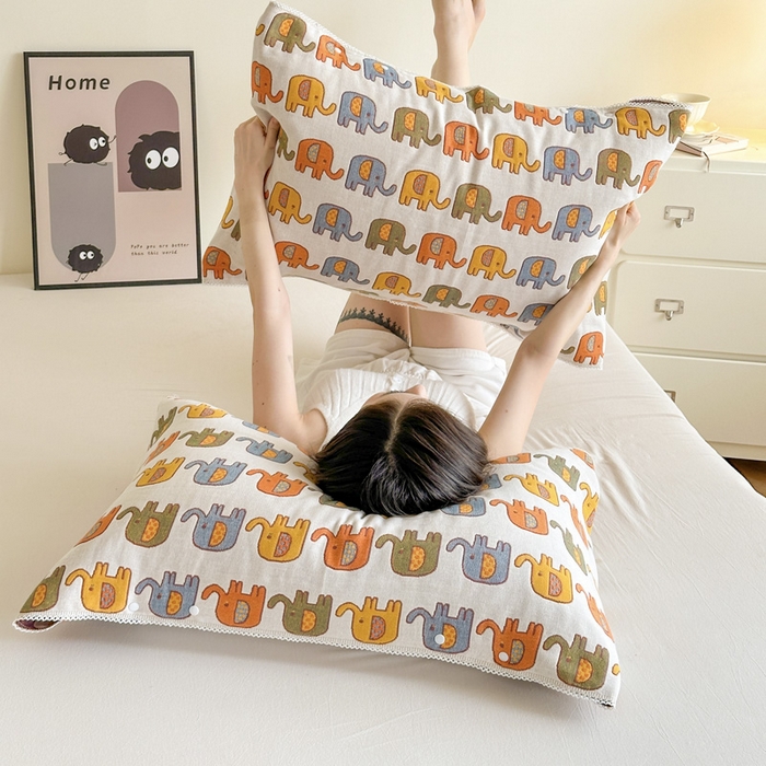 91家纺网 家纺一手货源 找家纺 朴尔家纺-毛巾被 2026新款半包可调节暗扣魔术全棉纯棉三层纱布枕巾 多彩小象-米白 53x110cm枕巾一对