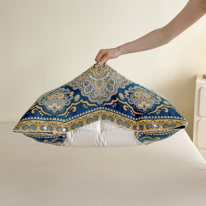 91家纺网 家纺一手货源 找家纺 朴尔家纺-毛巾被 2026新款半包可调节暗扣魔术全棉纯棉三层纱布枕巾 大马士革纹-蓝黄 53x110cm枕巾一对