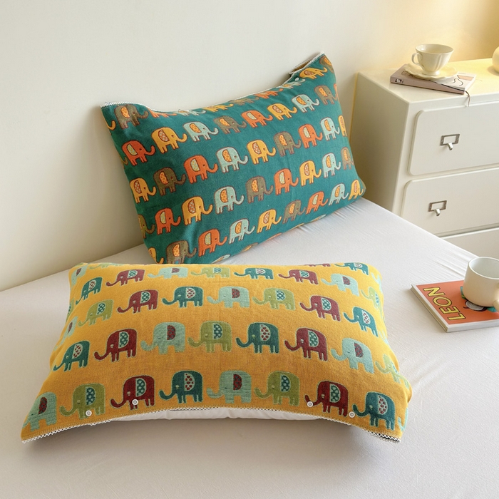 91家纺网 家纺一手货源 找家纺 朴尔家纺-毛巾被 2026新款半包可调节暗扣魔术全棉纯棉三层纱布枕巾 多彩小象-绿黄 53x110cm枕巾一对