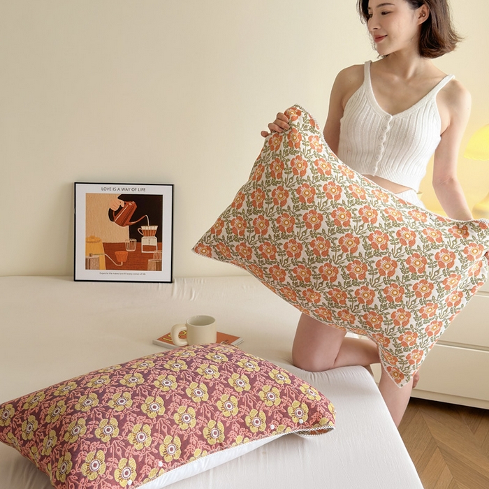 91家纺网 家纺一手货源 找家纺 朴尔家纺-毛巾被 2026新款半包可调节暗扣魔术全棉纯棉三层纱布枕巾 连枝花卉 53x110cm枕巾一对