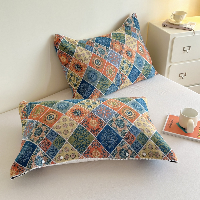 91家纺网 家纺一手货源 找家纺 朴尔家纺-毛巾被 2026新款半包可调节暗扣魔术全棉纯棉三层纱布枕巾 欧式卷草纹 53x110cm枕巾一对