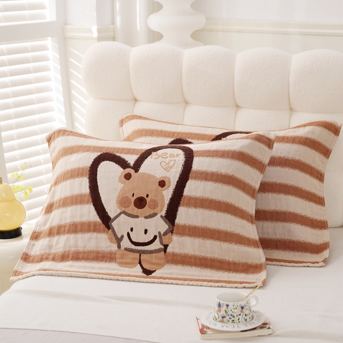 朴尔家纺-毛巾被 2026新款全棉纯棉欣软系列定位四层加厚柔软纱布枕巾 条纹爱心熊