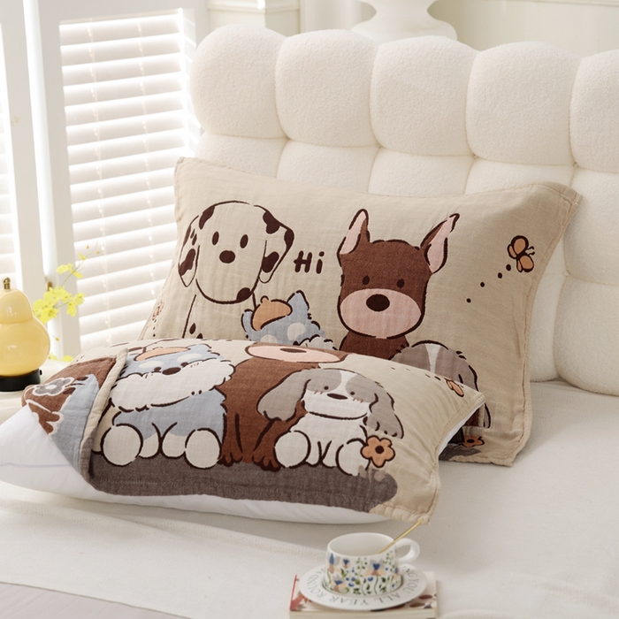 91家纺网 家纺一手货源 找家纺 朴尔家纺-毛巾被 2026新款全棉纯棉欣软系列定位四层加厚柔软纱布枕巾 萌宠团