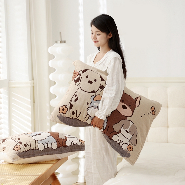 91家纺网 家纺一手货源 找家纺 朴尔家纺-毛巾被 2026新款全棉纯棉欣软系列定位四层加厚柔软纱布枕巾 萌宠团