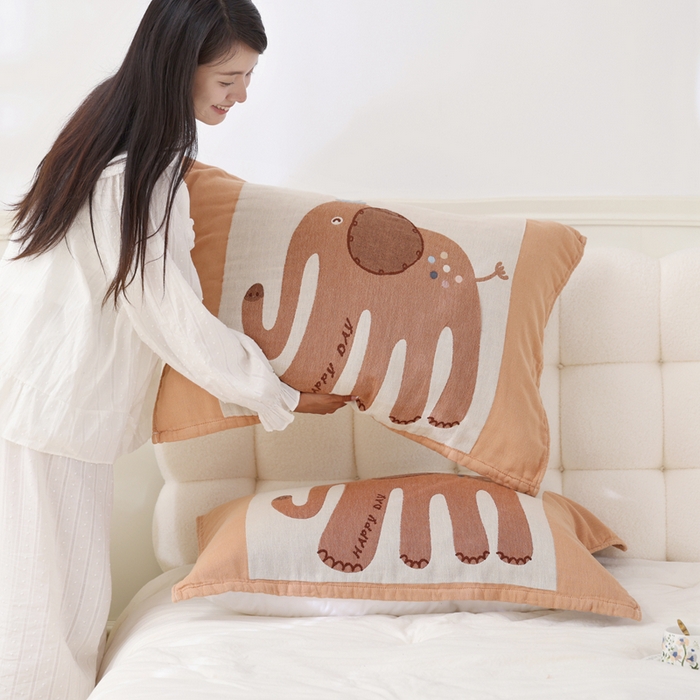 91家纺网 家纺一手货源 找家纺 朴尔家纺-毛巾被 2026新款全棉纯棉欣软系列定位四层加厚柔软纱布枕巾 礼貌象