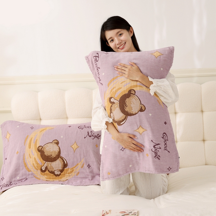 91家纺网 家纺一手货源 找家纺 朴尔家纺-毛巾被 2026新款全棉纯棉欣软系列定位四层加厚柔软纱布枕巾 星光熊