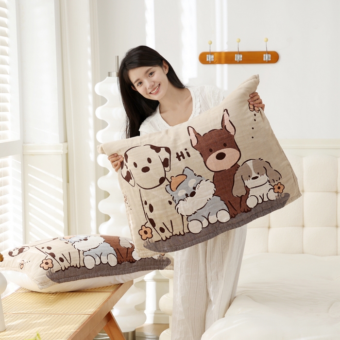 91家纺网 家纺一手货源 找家纺 朴尔家纺-毛巾被 2026新款全棉纯棉欣软系列定位四层加厚柔软纱布枕巾 萌宠团