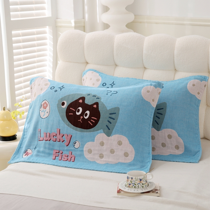 朴尔家纺-毛巾被 2026新款全棉纯棉欣软系列定位四层加厚柔软纱布枕巾 云朵鱼