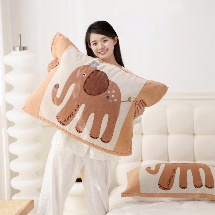 91家纺网 家纺一手货源 找家纺 朴尔家纺-毛巾被 2026新款全棉纯棉欣软系列定位四层加厚柔软纱布枕巾 礼貌象