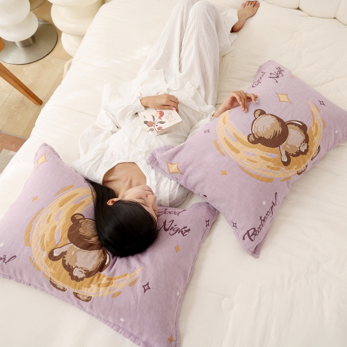 91家纺网 家纺一手货源 找家纺 朴尔家纺-毛巾被 2026新款全棉纯棉欣软系列定位四层加厚柔软纱布枕巾 星光熊