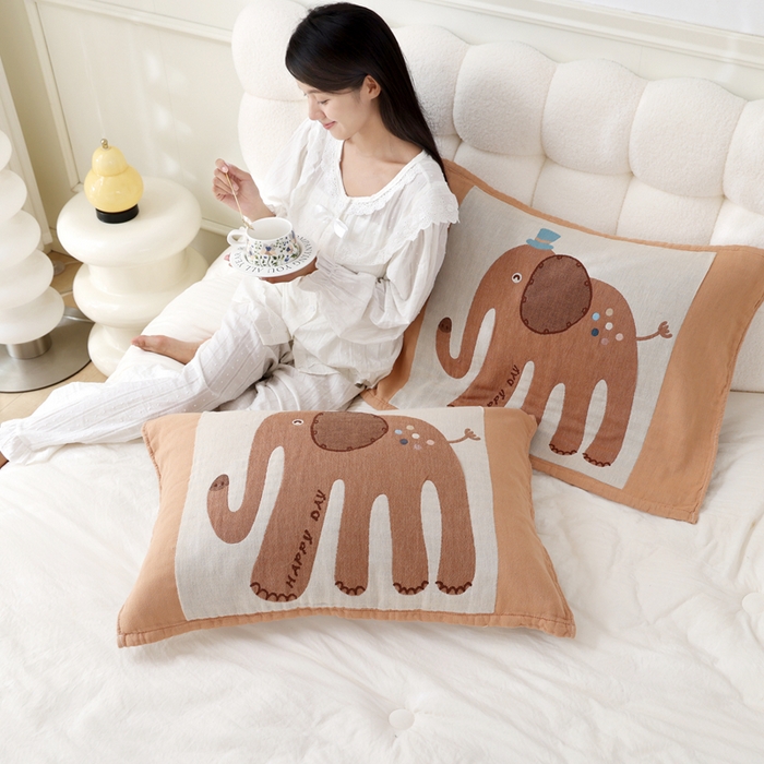 91家纺网 家纺一手货源 找家纺 朴尔家纺-毛巾被 2026新款全棉纯棉欣软系列定位四层加厚柔软纱布枕巾 礼貌象