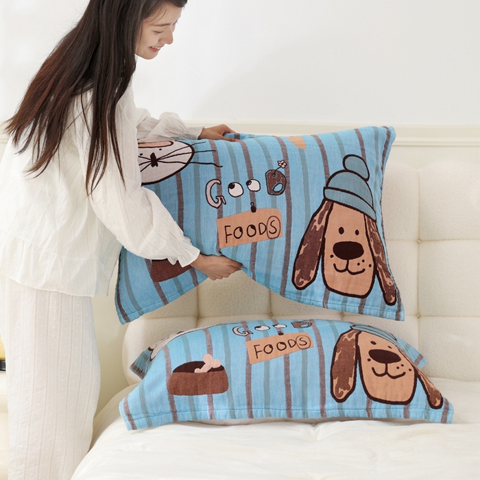 91家纺网 家纺一手货源 找家纺 朴尔家纺-毛巾被 2026新款全棉纯棉欣软系列定位四层加厚柔软纱布枕巾 开心伙伴