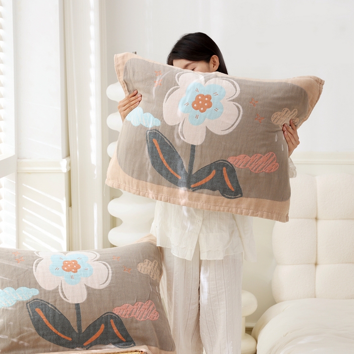 91家纺网 家纺一手货源 找家纺 朴尔家纺-毛巾被 2026新款全棉纯棉欣软系列定位四层加厚柔软纱布枕巾 花枝