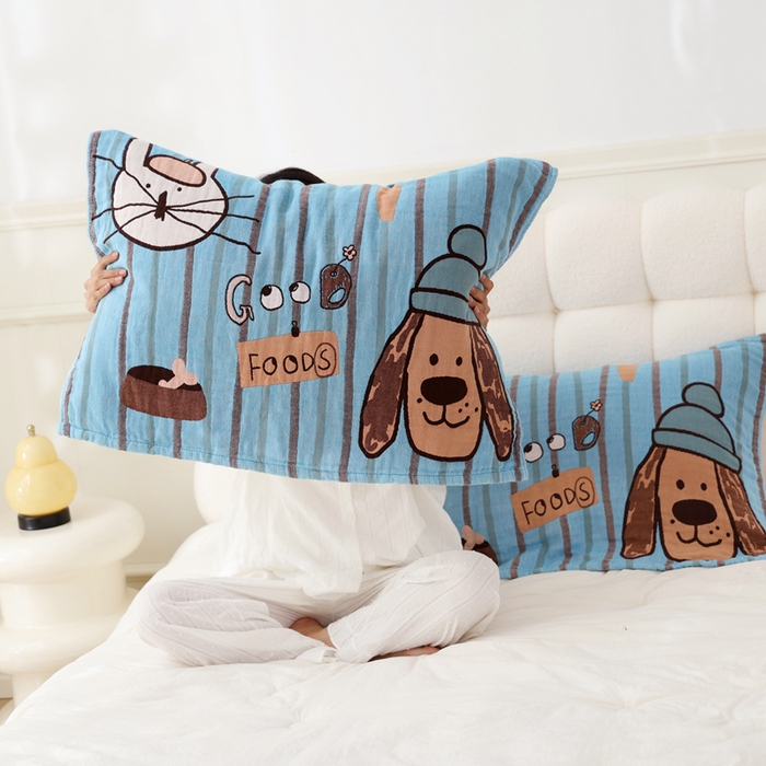 91家纺网 家纺一手货源 找家纺 朴尔家纺-毛巾被 2026新款全棉纯棉欣软系列定位四层加厚柔软纱布枕巾 开心伙伴