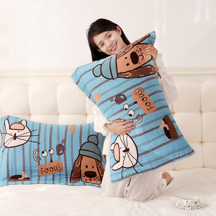 91家纺网 家纺一手货源 找家纺 朴尔家纺-毛巾被 2026新款全棉纯棉欣软系列定位四层加厚柔软纱布枕巾 开心伙伴