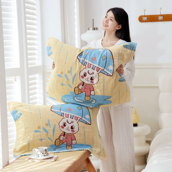 91家纺网 家纺一手货源 找家纺 朴尔家纺-毛巾被 2026新款全棉纯棉欣软系列定位四层加厚柔软纱布枕巾 多趣多