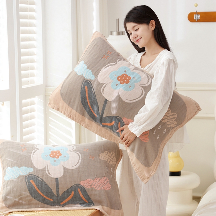 91家纺网 家纺一手货源 找家纺 朴尔家纺-毛巾被 2026新款全棉纯棉欣软系列定位四层加厚柔软纱布枕巾 花枝