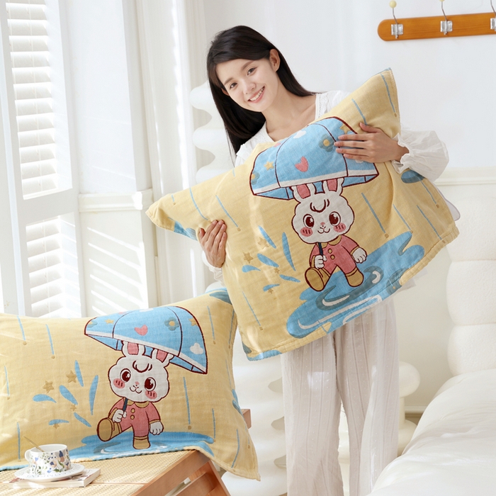 91家纺网 家纺一手货源 找家纺 朴尔家纺-毛巾被 2026新款全棉纯棉欣软系列定位四层加厚柔软纱布枕巾 多趣多