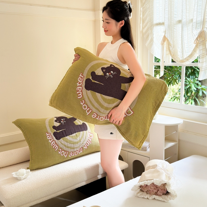 91家纺网 家纺一手货源 找家纺 朴尔家纺-毛巾被 2026新款全棉纯棉多柔AB版定位四层纱布枕巾 元气猫