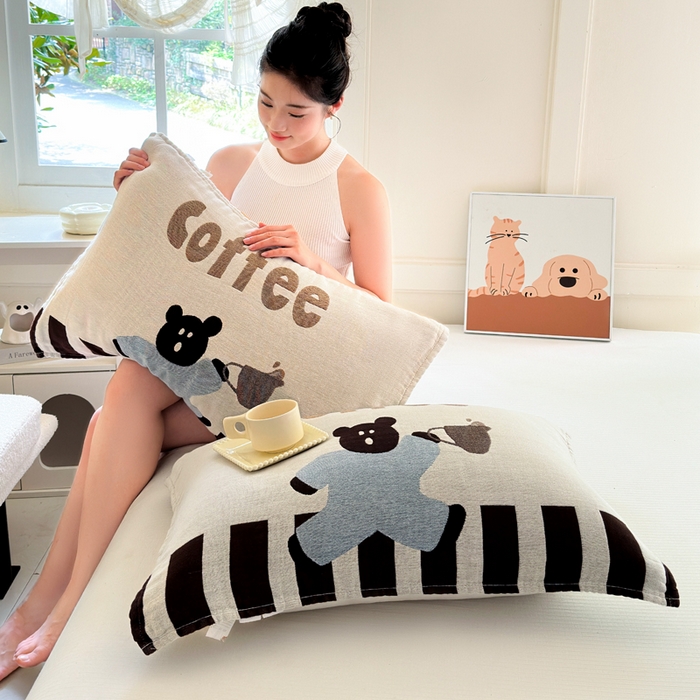 91家纺网 家纺一手货源 找家纺 朴尔家纺-毛巾被 2026新款全棉纯棉多柔AB版定位四层纱布枕巾 咖啡时光