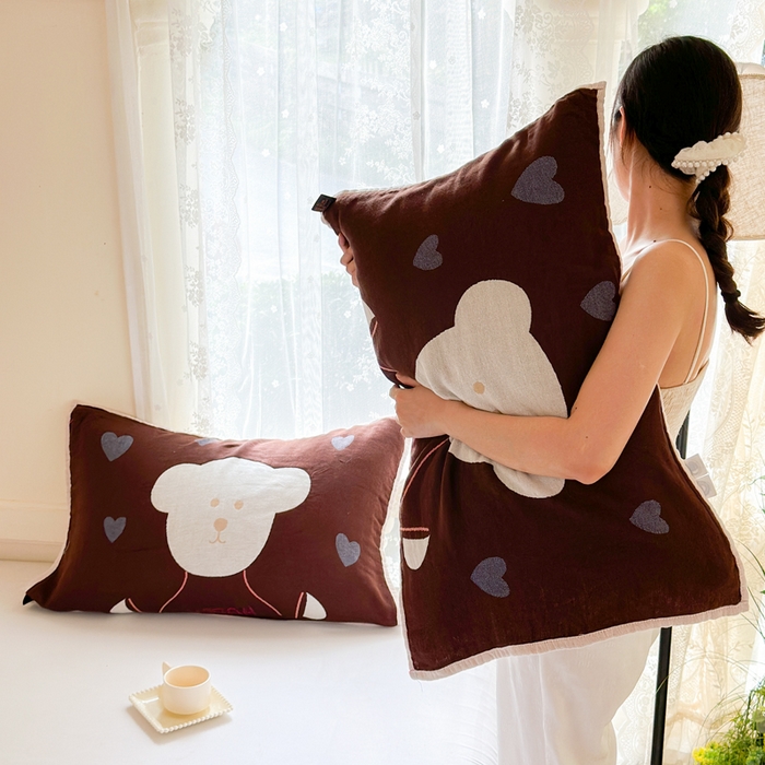 91家纺网 家纺一手货源 找家纺 朴尔家纺-毛巾被 2026新款全棉纯棉多柔AB版定位四层纱布枕巾 桃心熊