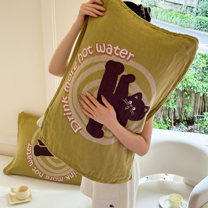 91家纺网 家纺一手货源 找家纺 朴尔家纺-毛巾被 2026新款全棉纯棉多柔AB版定位四层纱布枕巾 元气猫