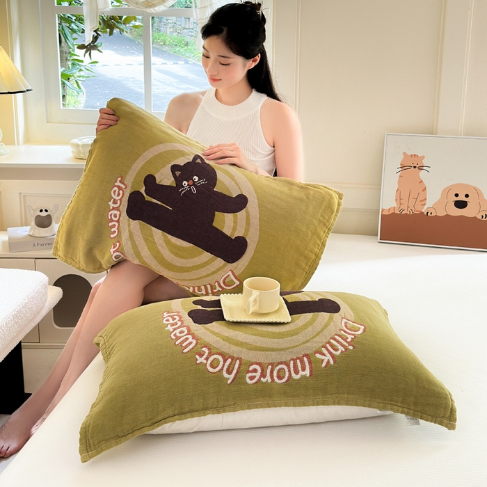 91家纺网 家纺一手货源 找家纺 朴尔家纺-毛巾被 2026新款全棉纯棉多柔AB版定位四层纱布枕巾 元气猫