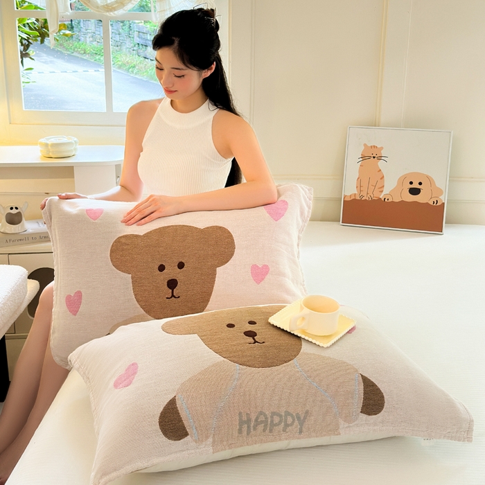 91家纺网 家纺一手货源 找家纺 朴尔家纺-毛巾被 2026新款全棉纯棉多柔AB版定位四层纱布枕巾 桃心熊