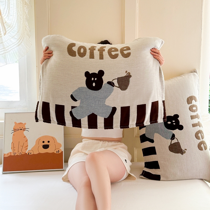 91家纺网 家纺一手货源 找家纺 朴尔家纺-毛巾被 2026新款全棉纯棉多柔AB版定位四层纱布枕巾 咖啡时光