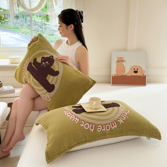 91家纺网 家纺一手货源 找家纺 朴尔家纺-毛巾被 2026新款全棉纯棉多柔AB版定位四层纱布枕巾 元气猫