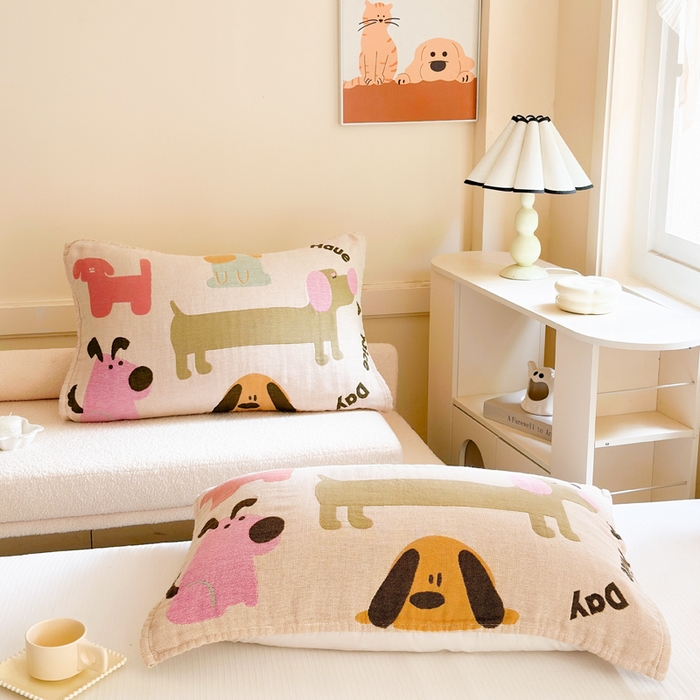 91家纺网 家纺一手货源 找家纺 朴尔家纺-毛巾被 2026新款全棉纯棉多柔AB版定位四层纱布枕巾 狗狗巴士