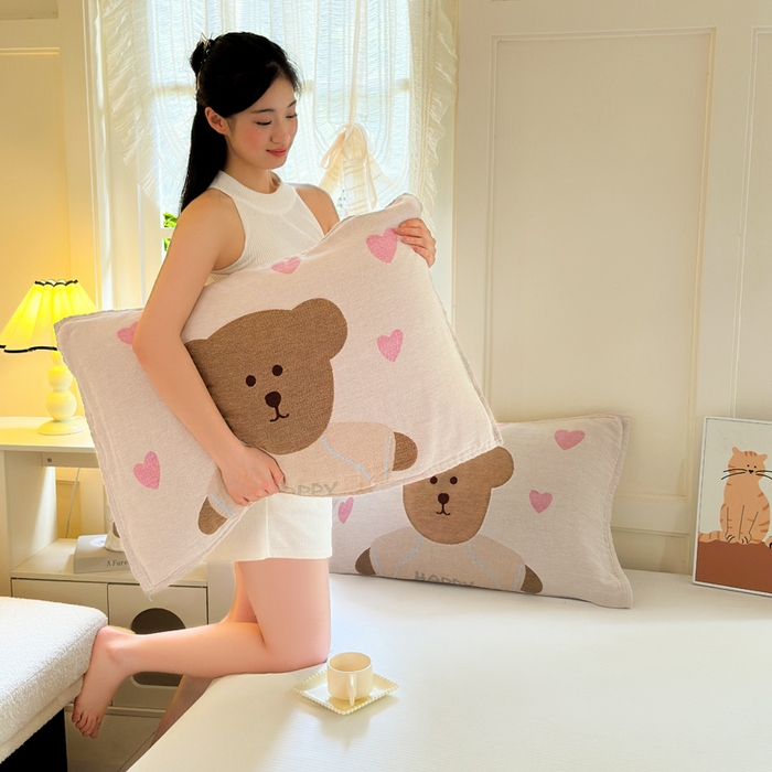 91家纺网 家纺一手货源 找家纺 朴尔家纺-毛巾被 2026新款全棉纯棉多柔AB版定位四层纱布枕巾 桃心熊