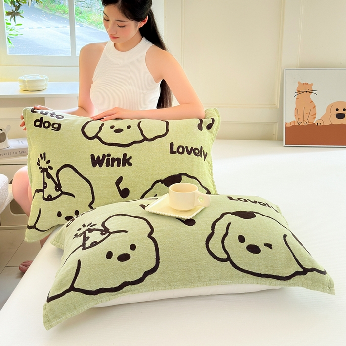 91家纺网 家纺一手货源 找家纺 朴尔家纺-毛巾被 2026新款全棉纯棉多柔AB版定位四层纱布枕巾 嬉皮狗